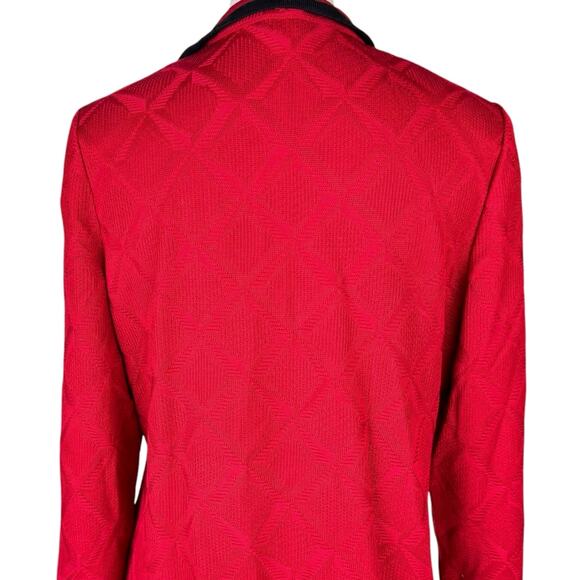 Ming Wang Red Geometric Diamond Knit Black Trim 3/4 Sleeve Cardigan Sweater - Picture 6 of 12